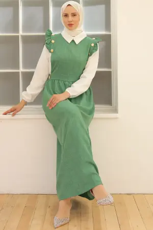 3852 Düğme Detaylı İkili Elbise Zümrüt Yeşili