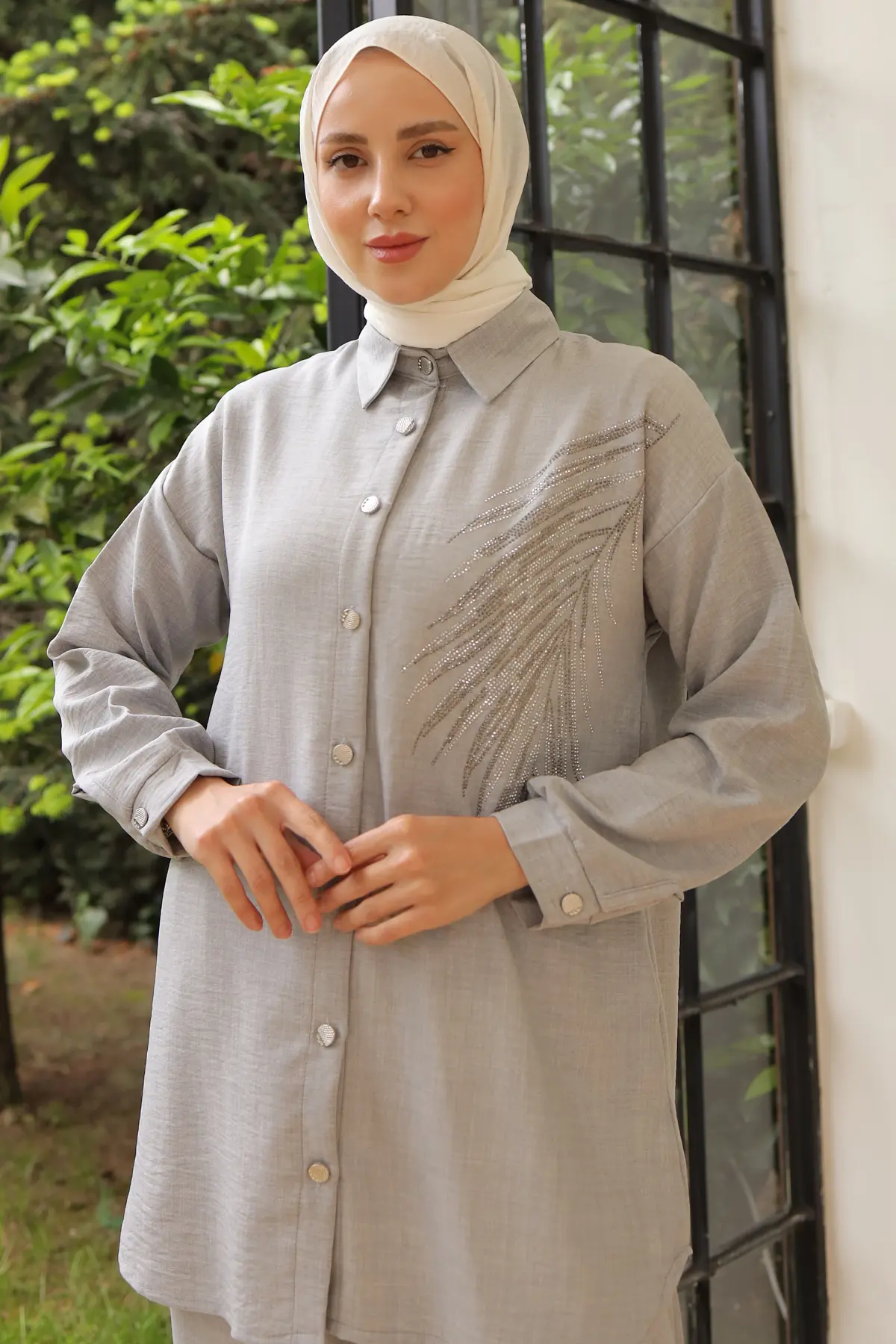 3870 Yaprak Taşlı Keten Takım Gri-detail