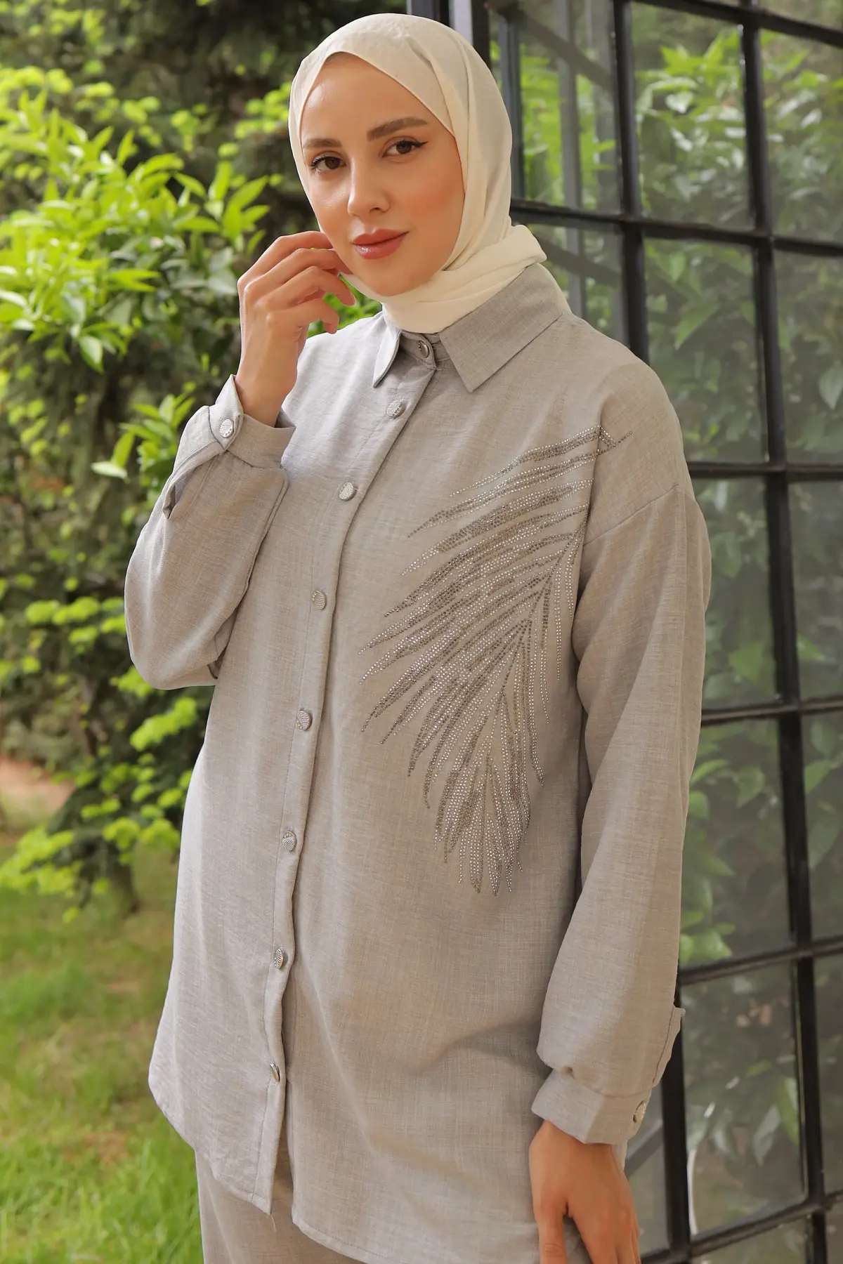 3870 Yaprak Taşlı Keten Takım Gri-detail