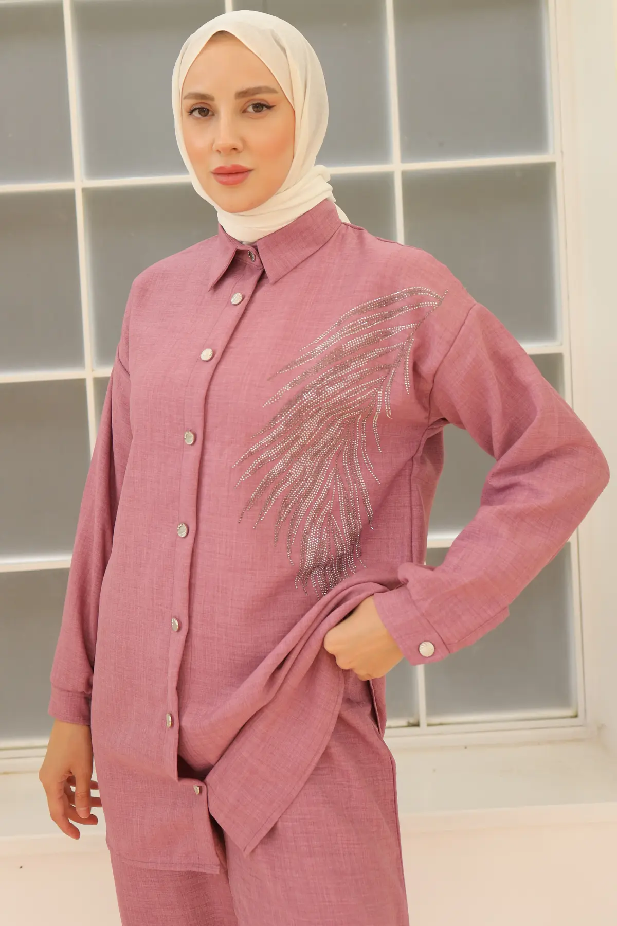 3870 Yaprak Taşlı Keten Takım Gül Kurusu-detail