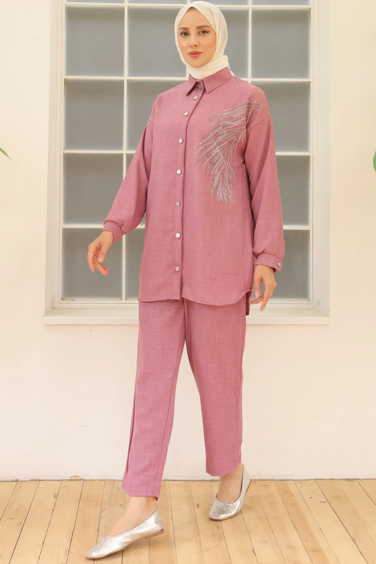 3870 Yaprak Taşlı Keten Takım Gül Kurusu-detail