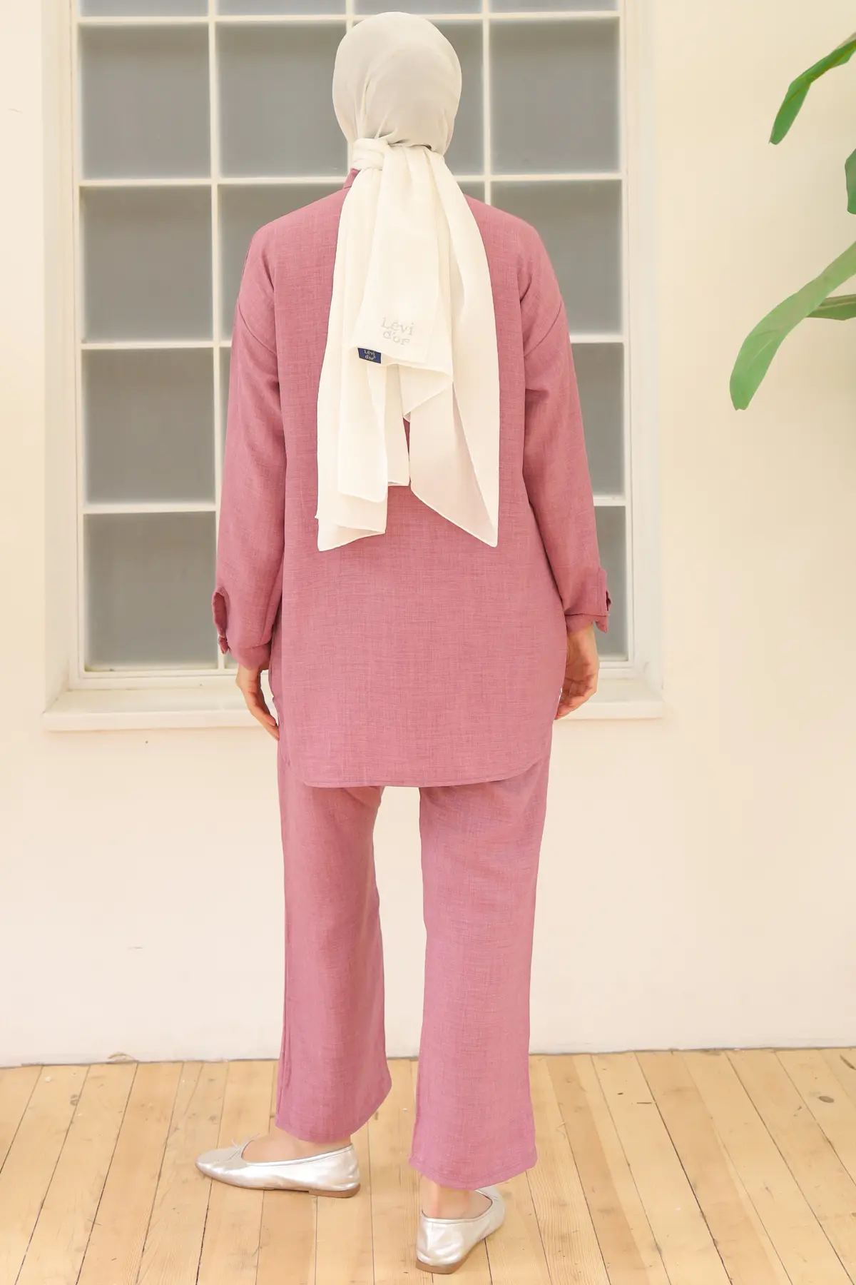 3870 Yaprak Taşlı Keten Takım Gül Kurusu-detail