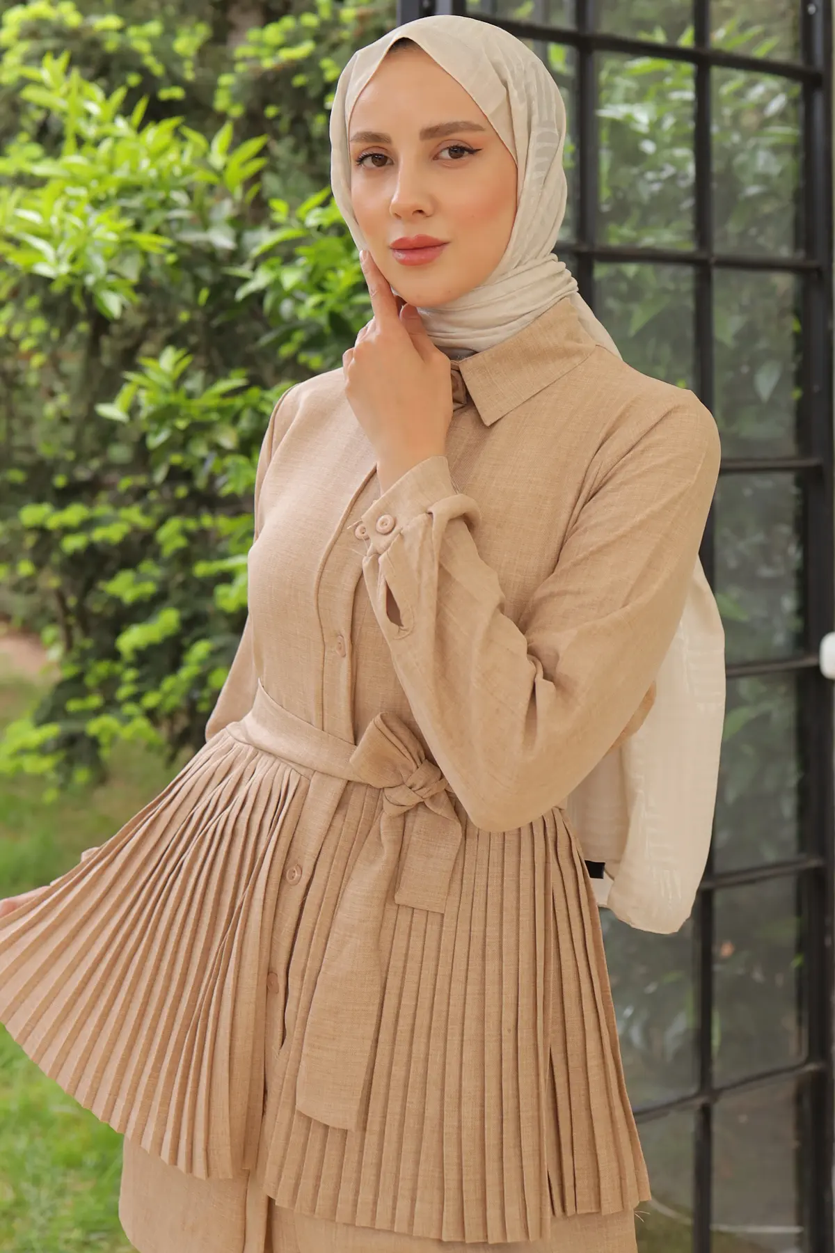 3944 Plise Detaylı İkili Takım Bej-detail