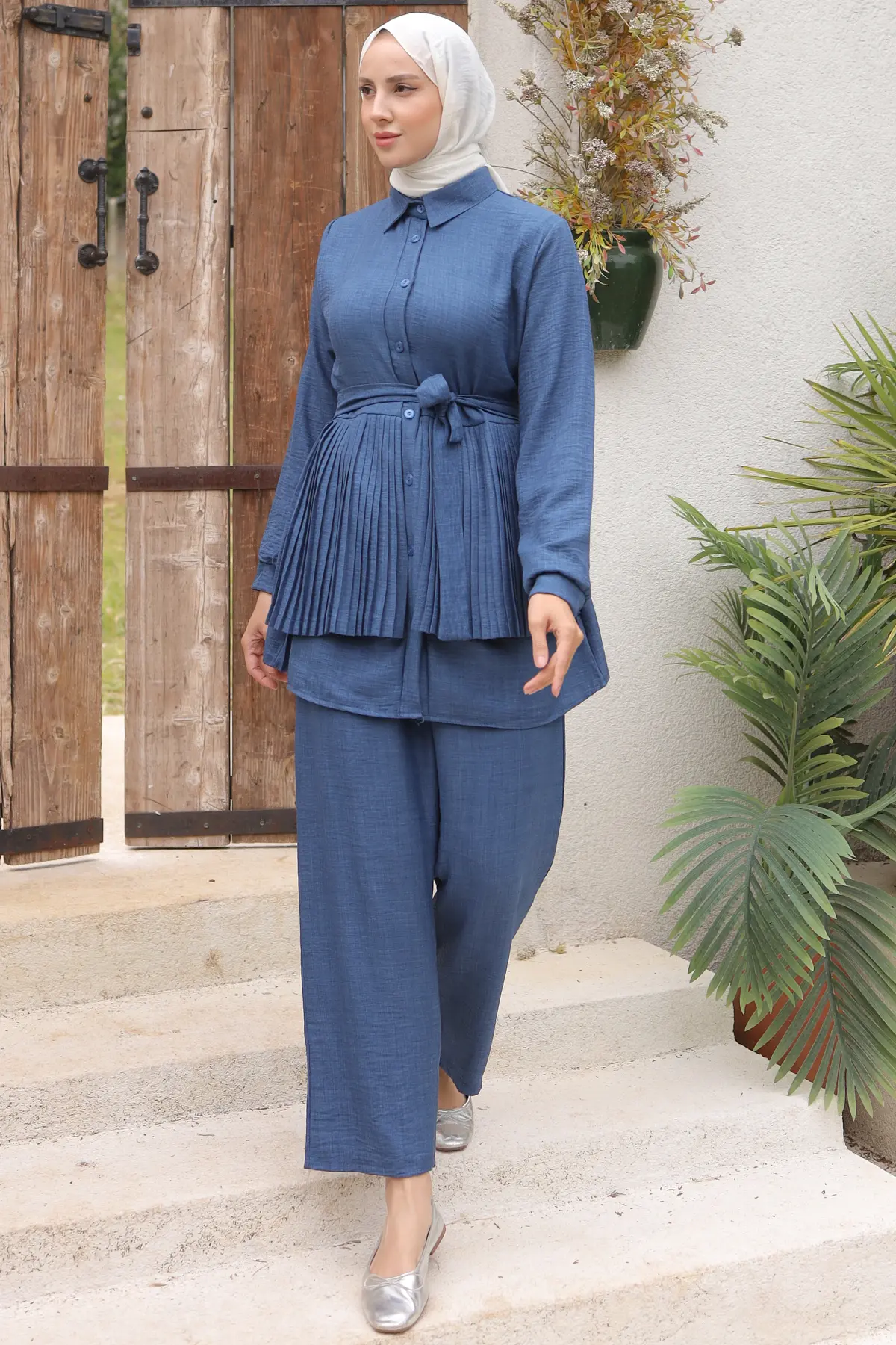 3944 Plise Detaylı İkili Takım İndigo-detail
