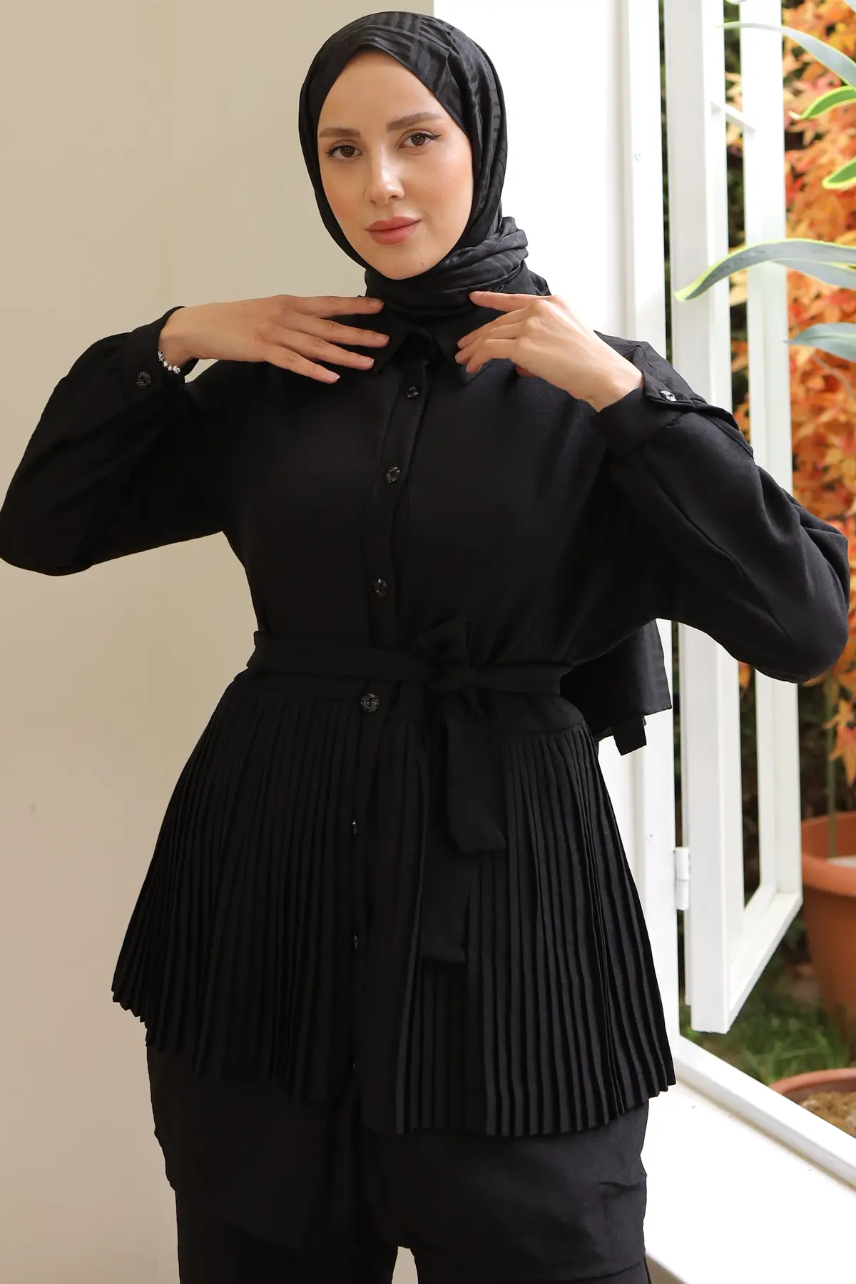 3944 Plise Detaylı İkili Takım Siyah-detail