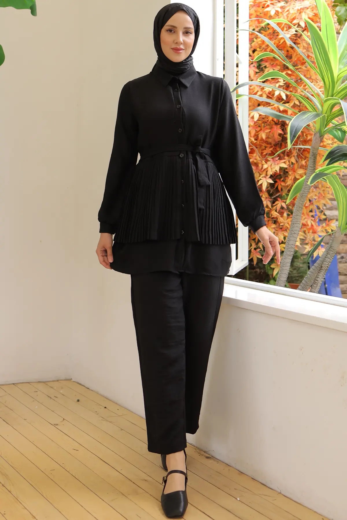 3944 Plise Detaylı İkili Takım Siyah-detail