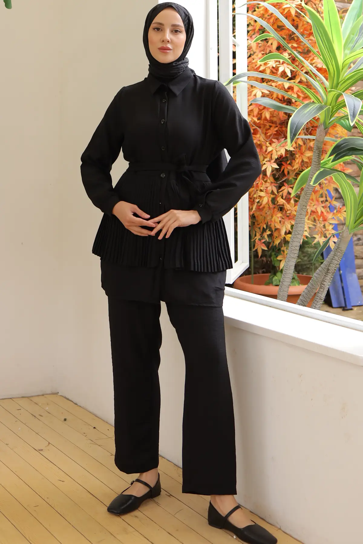 3944 Plise Detaylı İkili Takım Siyah-detail