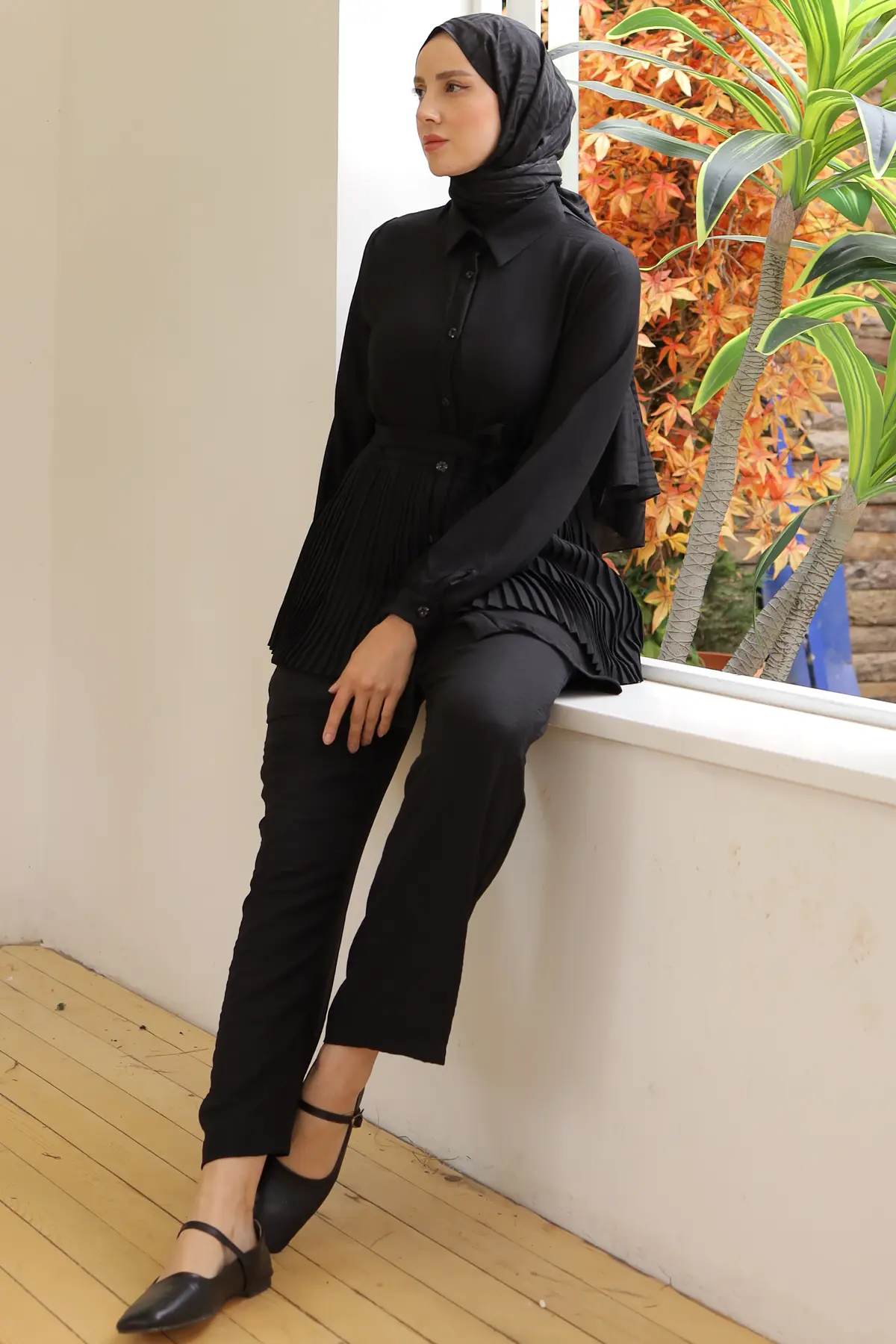 3944 Plise Detaylı İkili Takım Siyah-detail