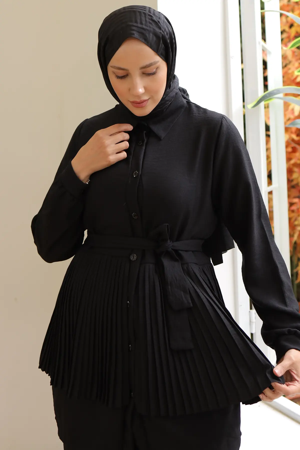 3944 Plise Detaylı İkili Takım Siyah-detail