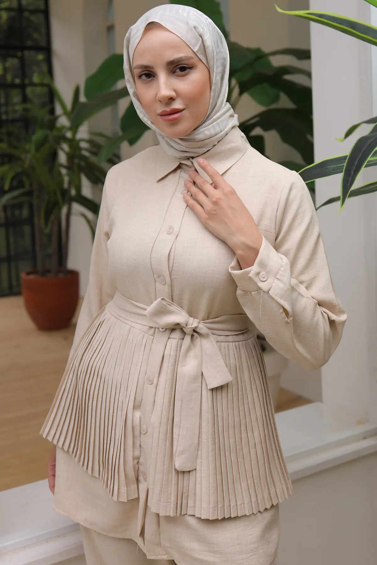 3944 Plise Detaylı İkili Takım Taş Rengi-detail