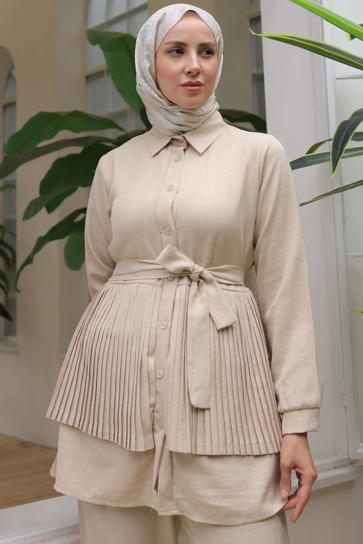 3944 Plise Detaylı İkili Takım Taş Rengi-detail