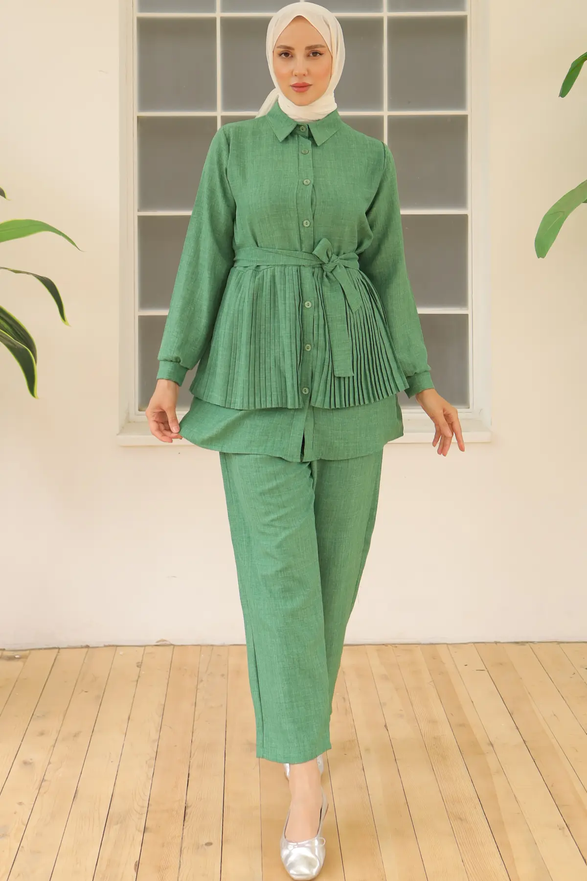 3944 Plise Detaylı İkili Takım Yeşil-detail