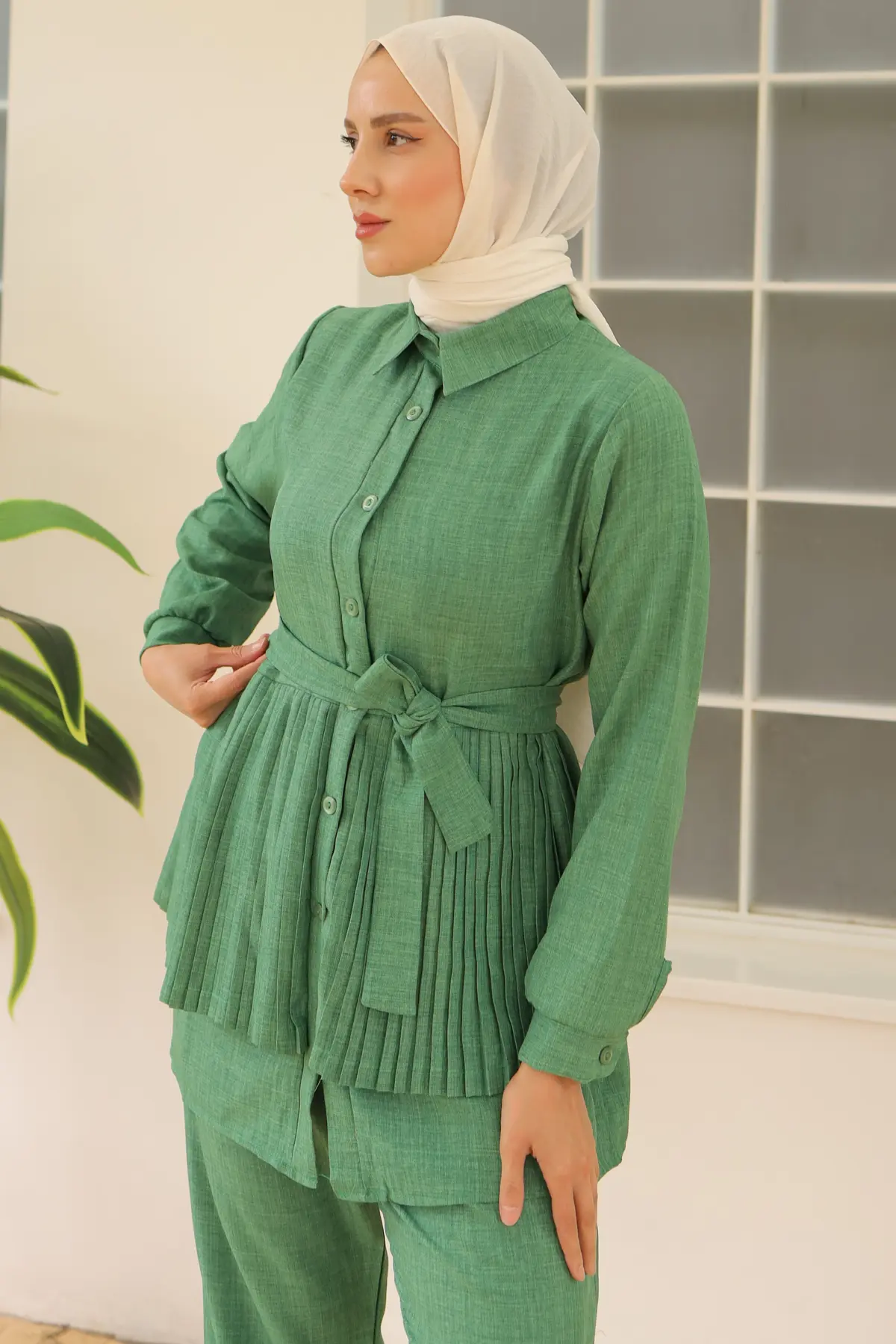 3944 Plise Detaylı İkili Takım Yeşil-detail