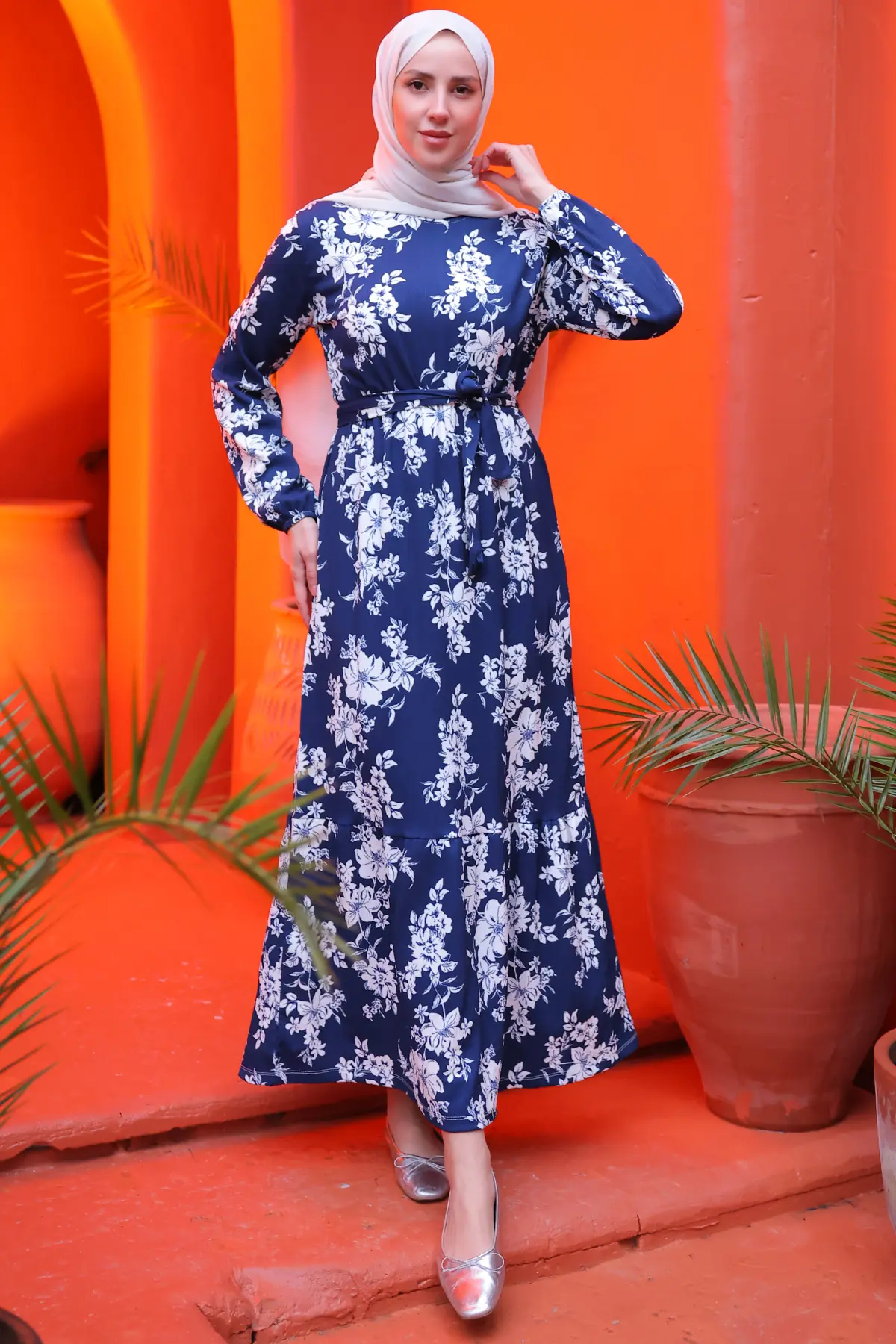 3953 Beli Lastikli Çiçek Desenli Elbise Lacivert-detail