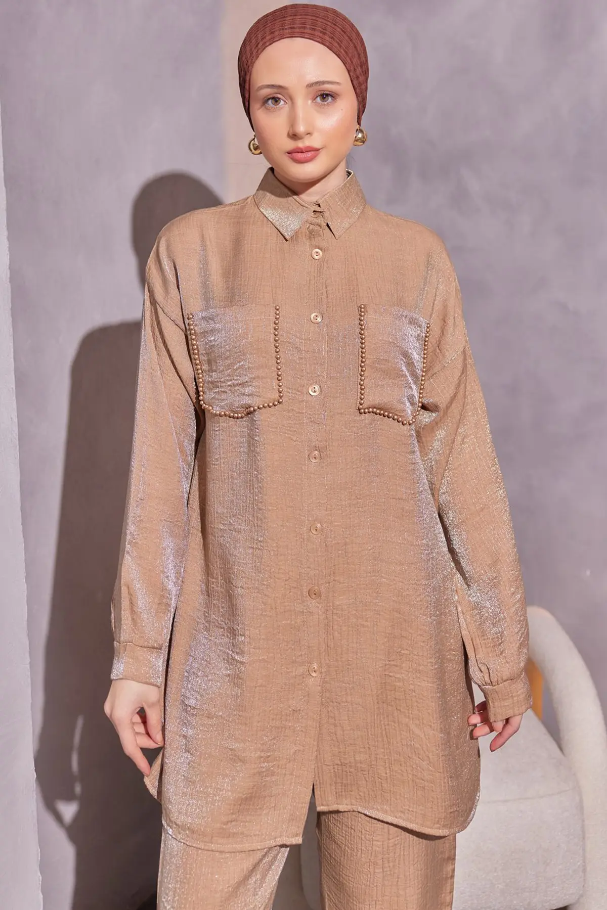 3985 Cepleri Boncuk Detaylı İkili Takım Camel-detail