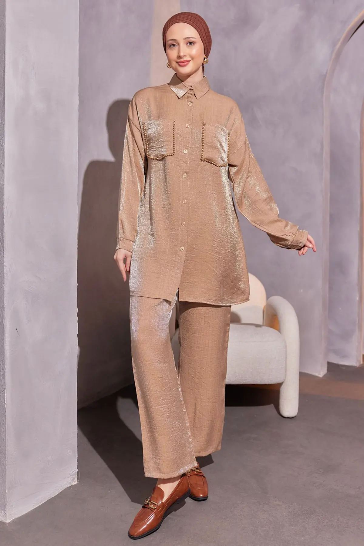 3985 Cepleri Boncuk Detaylı İkili Takım Camel-detail