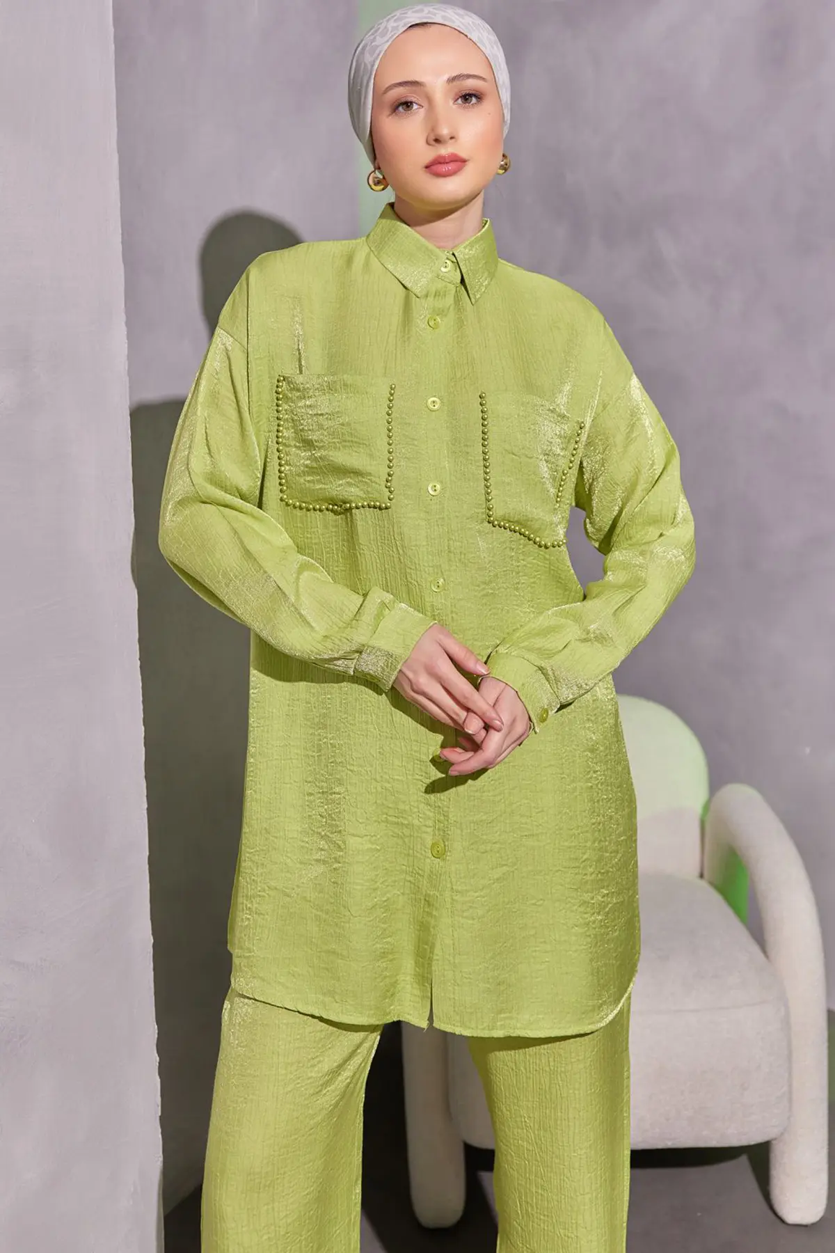 3985 Cepleri Boncuk Detaylı İkili Takım Fıstık Yeşili-detail