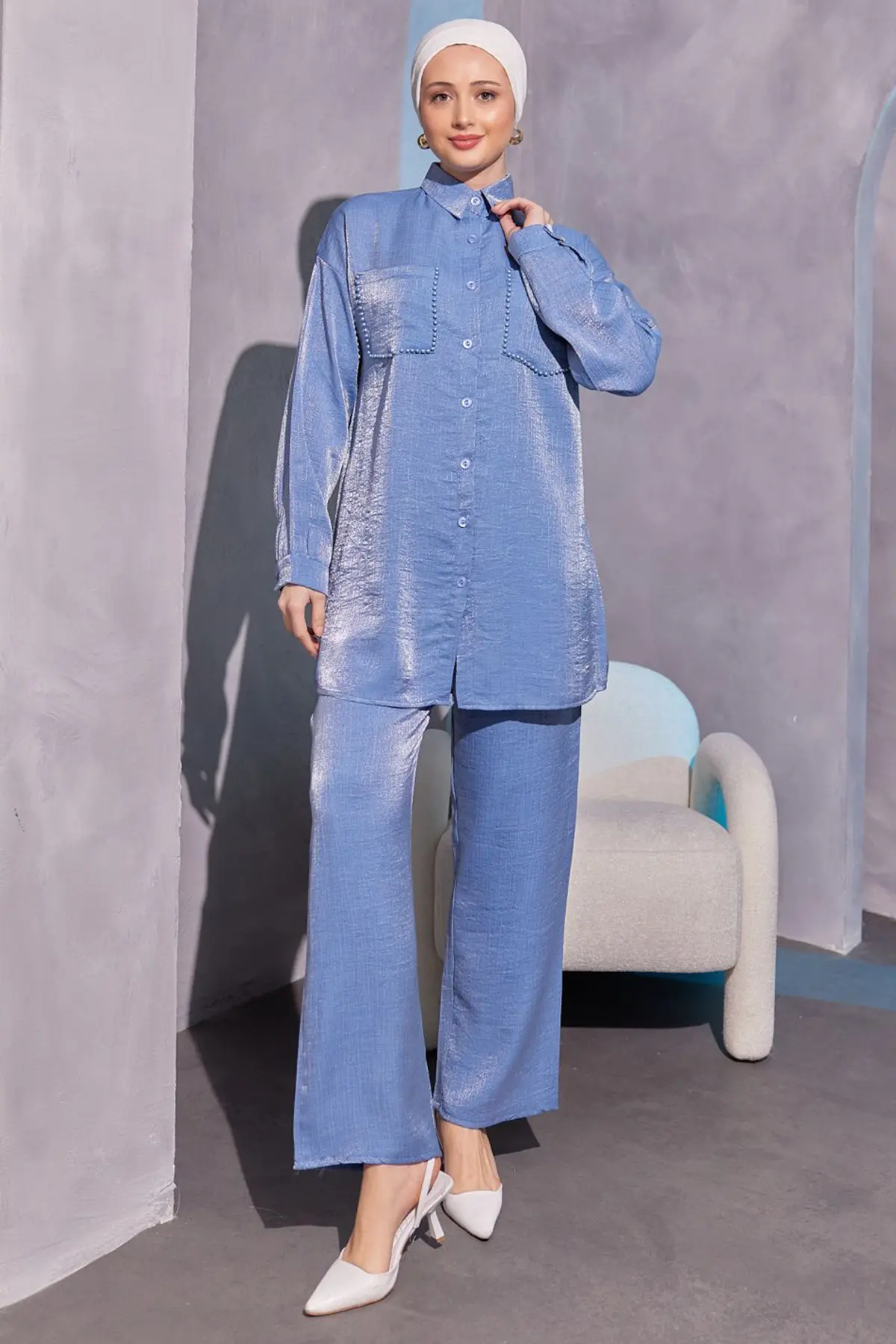 3985 Cepleri Boncuk Detaylı İkili Takım Mavi-detail