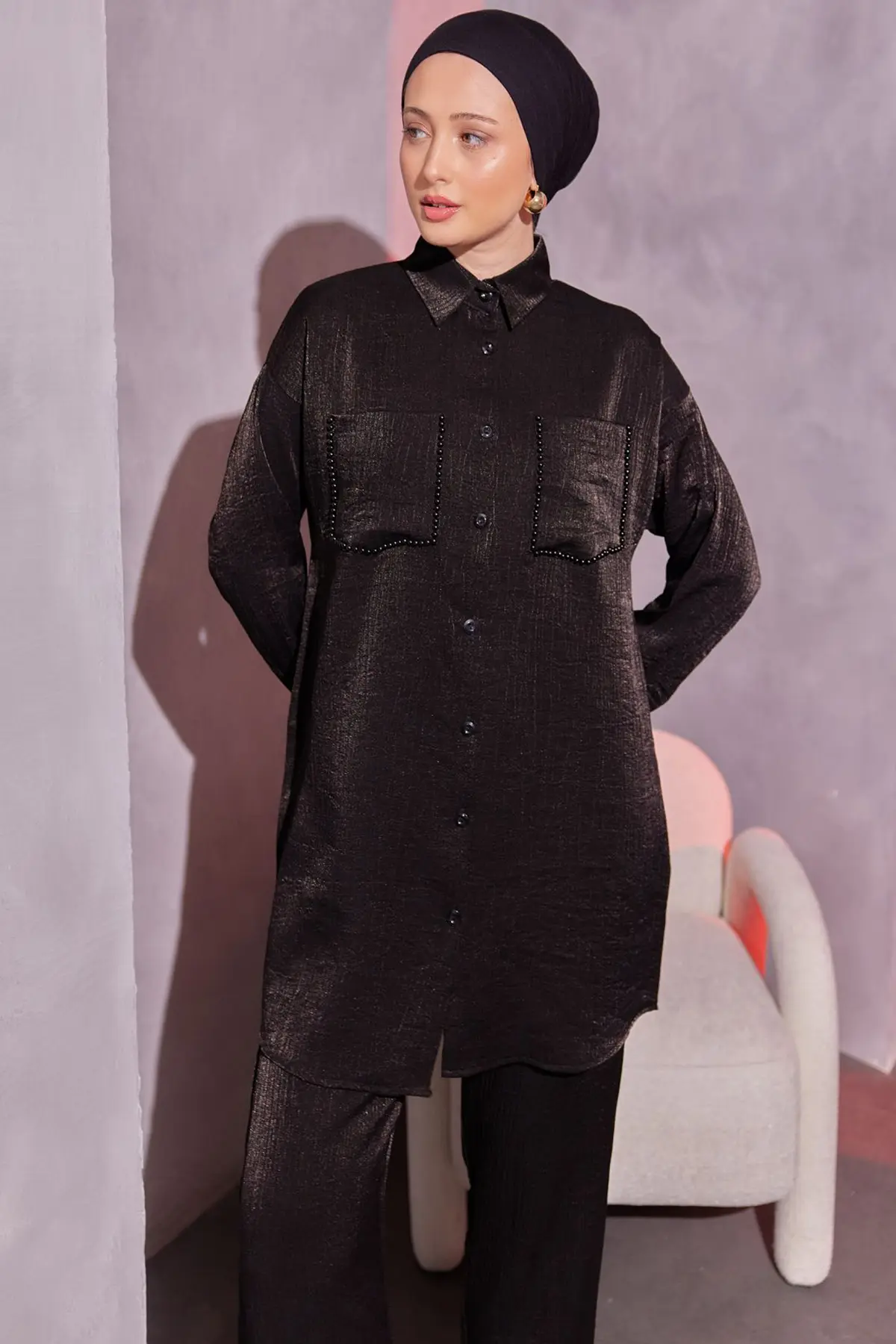 3985 Cepleri Boncuk Detaylı İkili Takım Siyah-detail