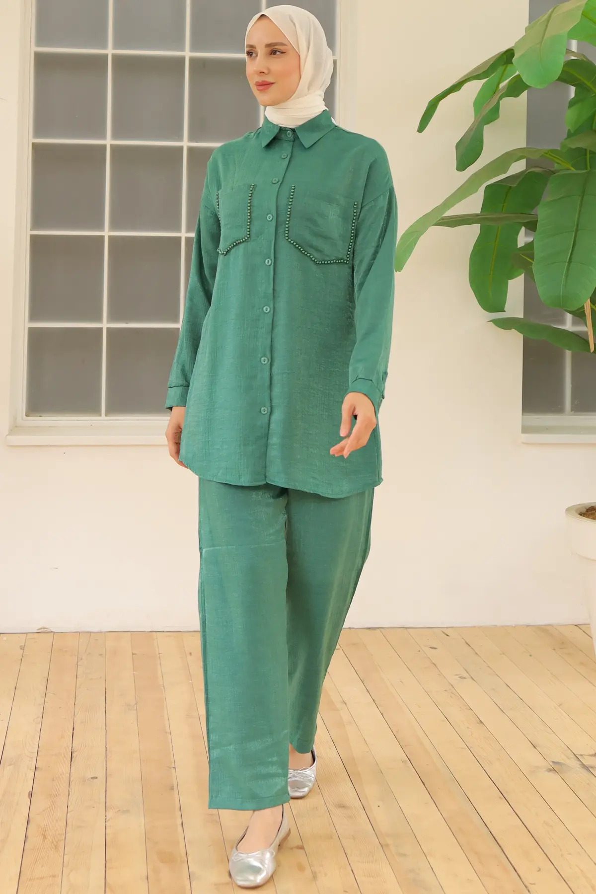 3985 Cepleri Boncuk Detaylı İkili Takım Zümrüt Yeşili-detail