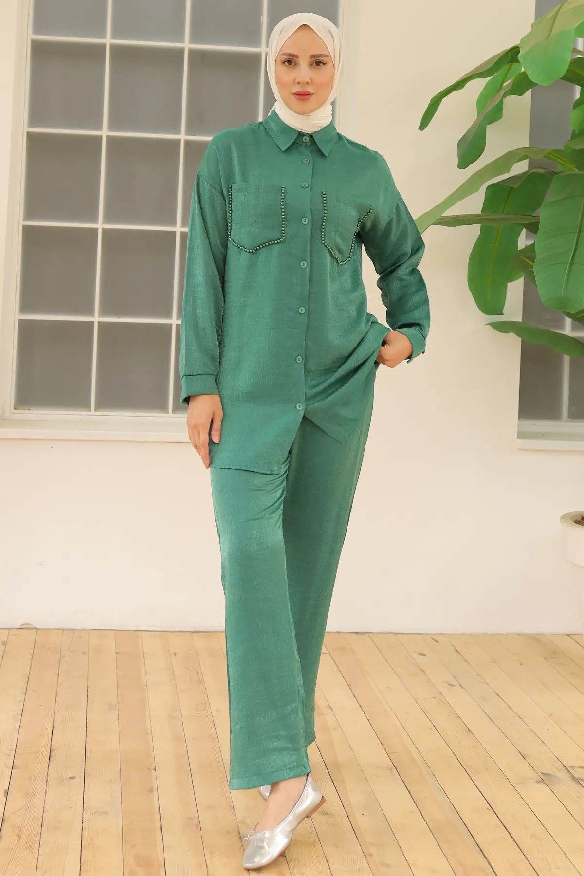 3985 Cepleri Boncuk Detaylı İkili Takım Zümrüt Yeşili-detail