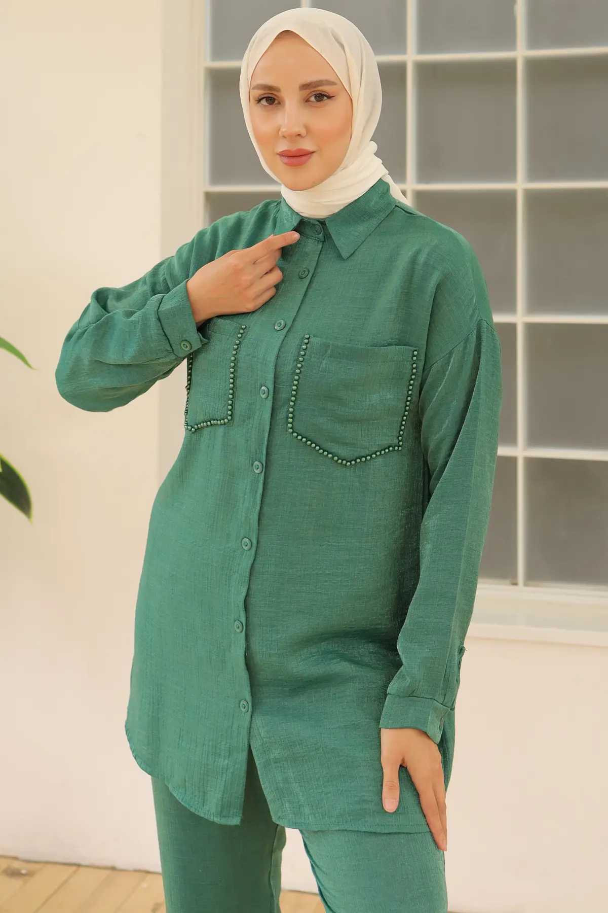 3985 Cepleri Boncuk Detaylı İkili Takım Zümrüt Yeşili-detail