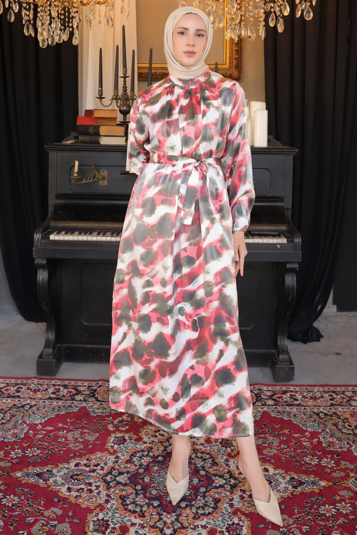 3988 Kuşak Detaylı Desenli Elbise Bordo-detail