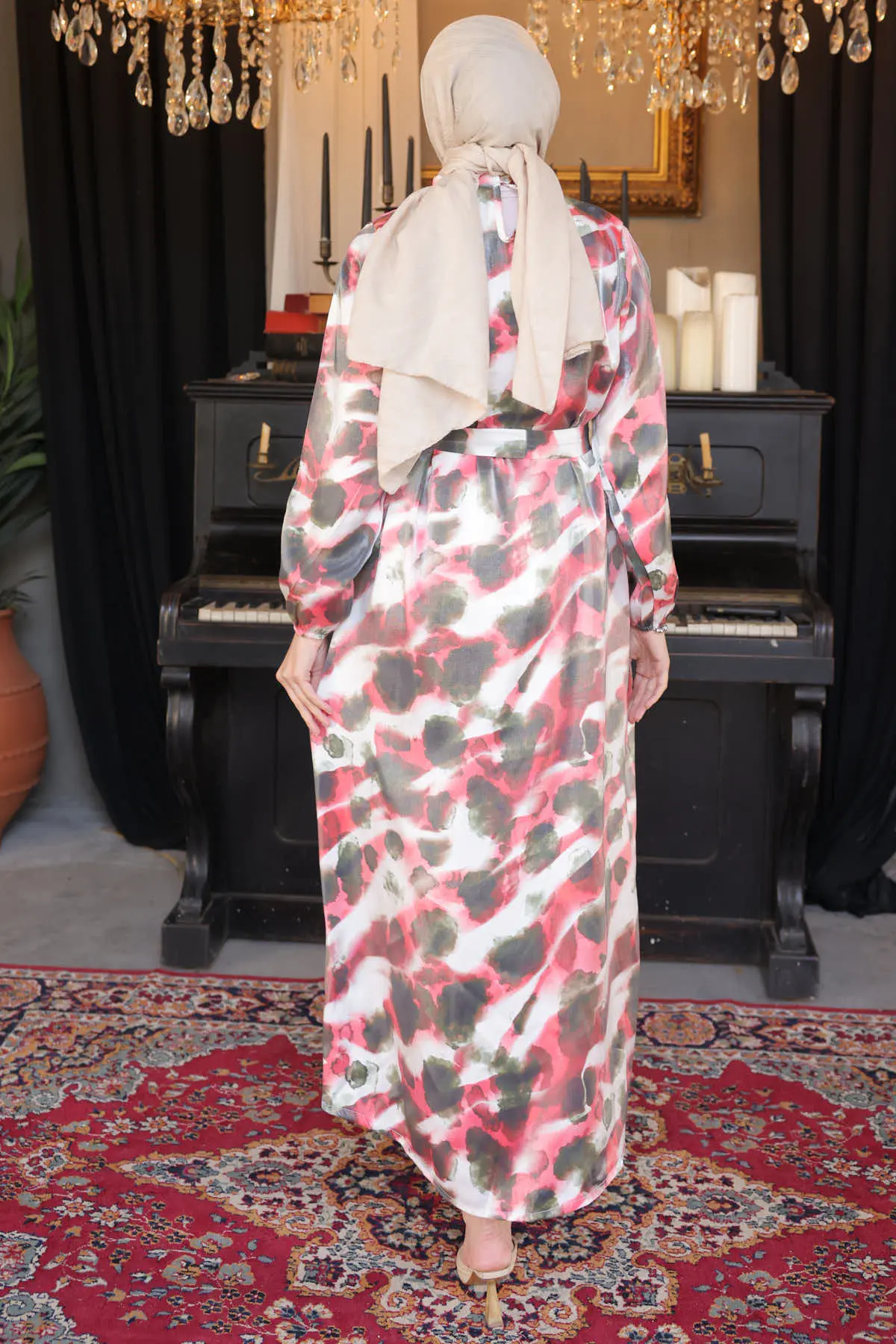 3988 Kuşak Detaylı Desenli Elbise Bordo-detail