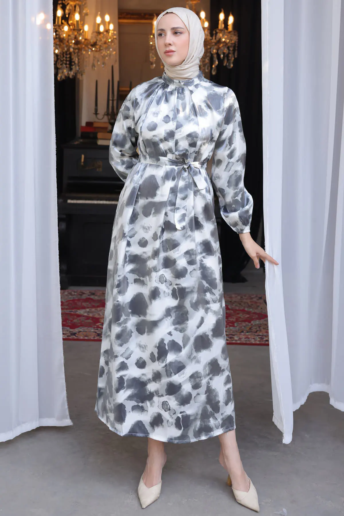 3988 Kuşak Detaylı Desenli Elbise Gri-detail