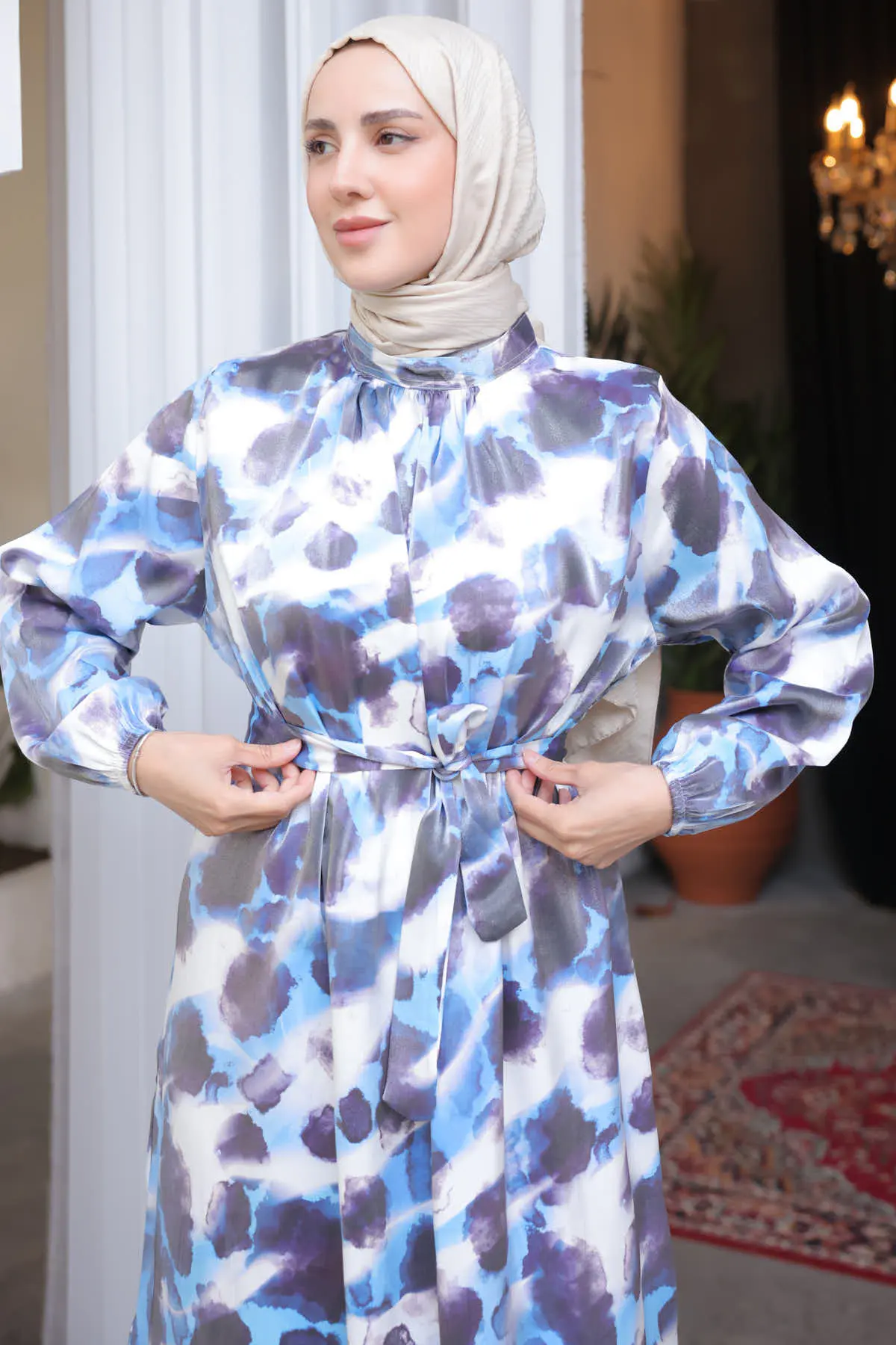 3988 Kuşak Detaylı Desenli Elbise Mavi-detail