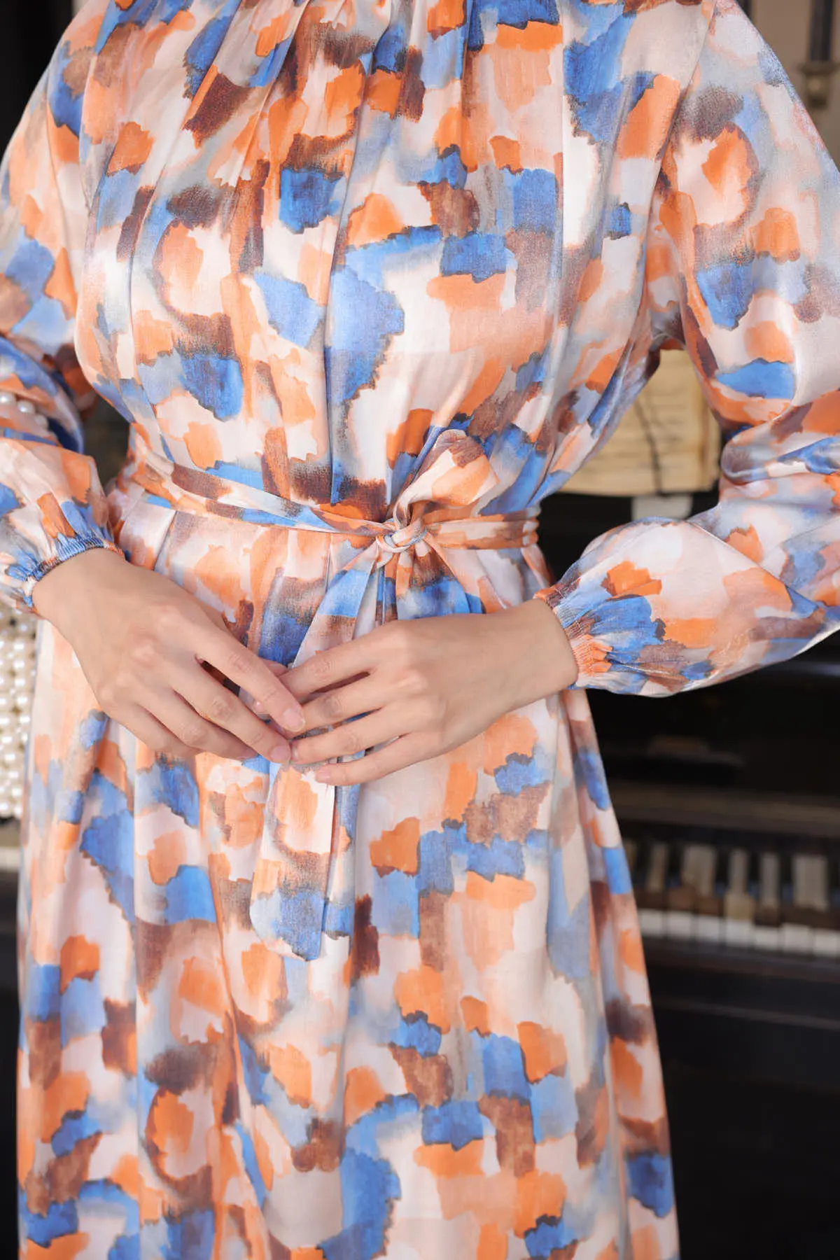 3989 Desenli Tesettür Elbise Oranj-detail