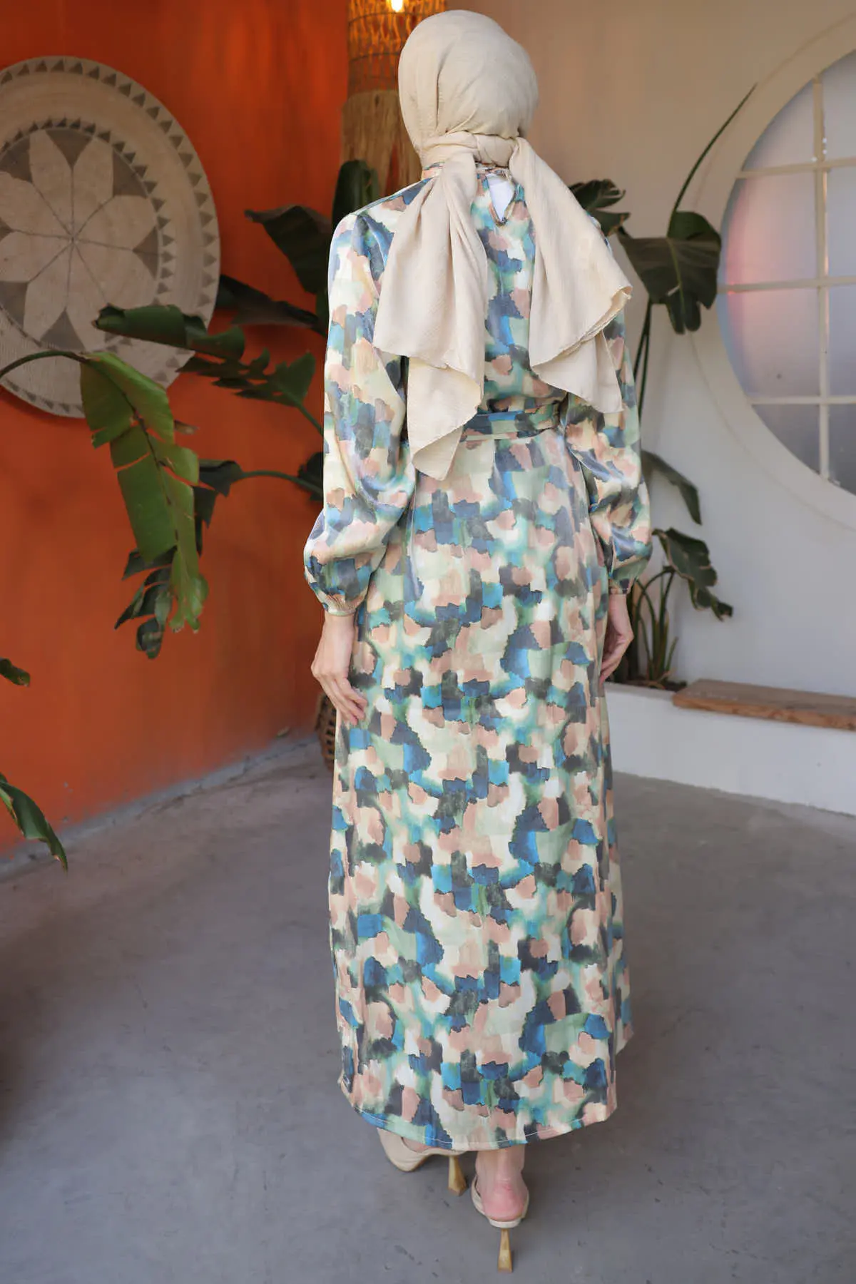 3989 Desenli Tesettür Elbise Yeşil-detail