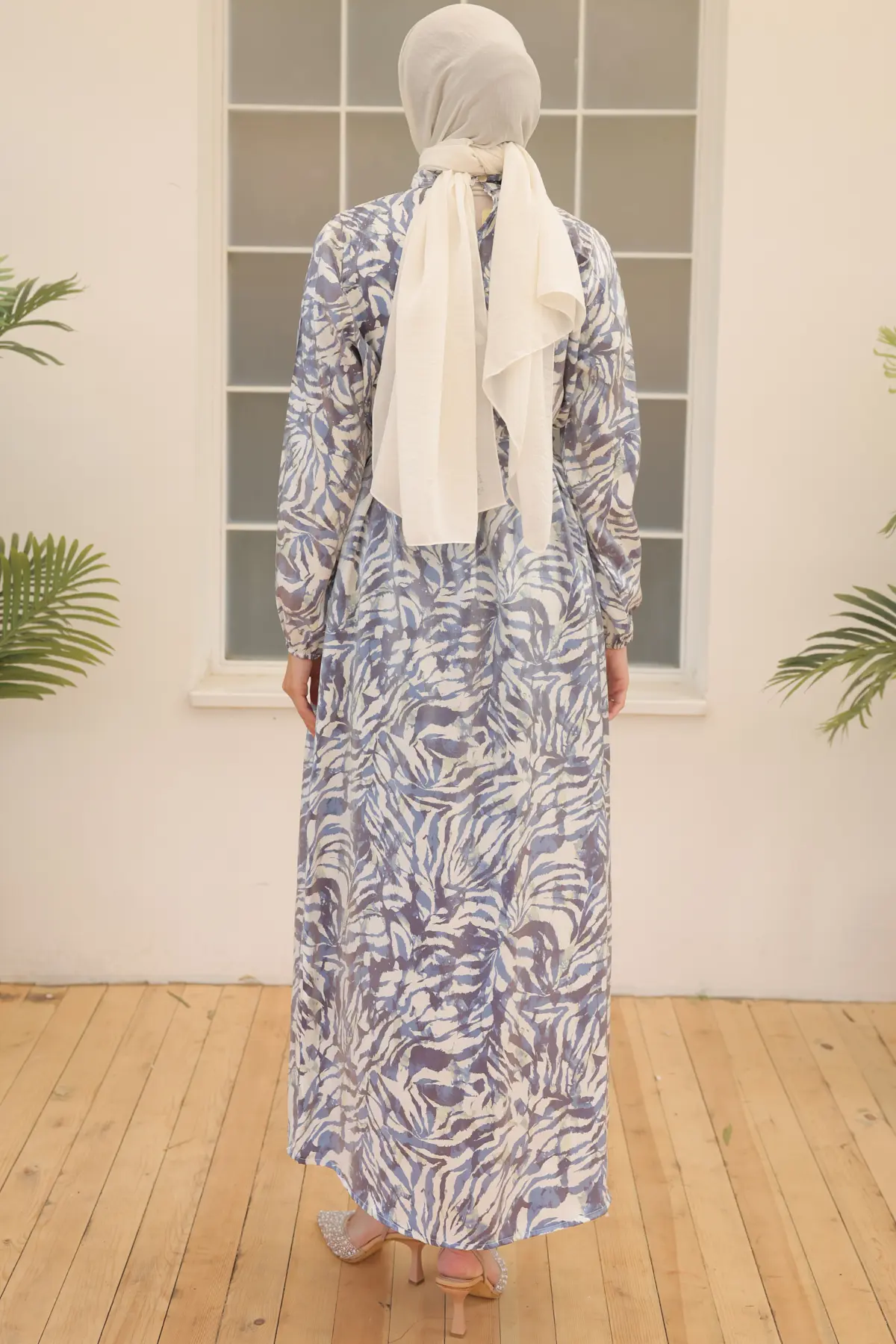 3990 Saten Tesettür Elbise Mavi-detail