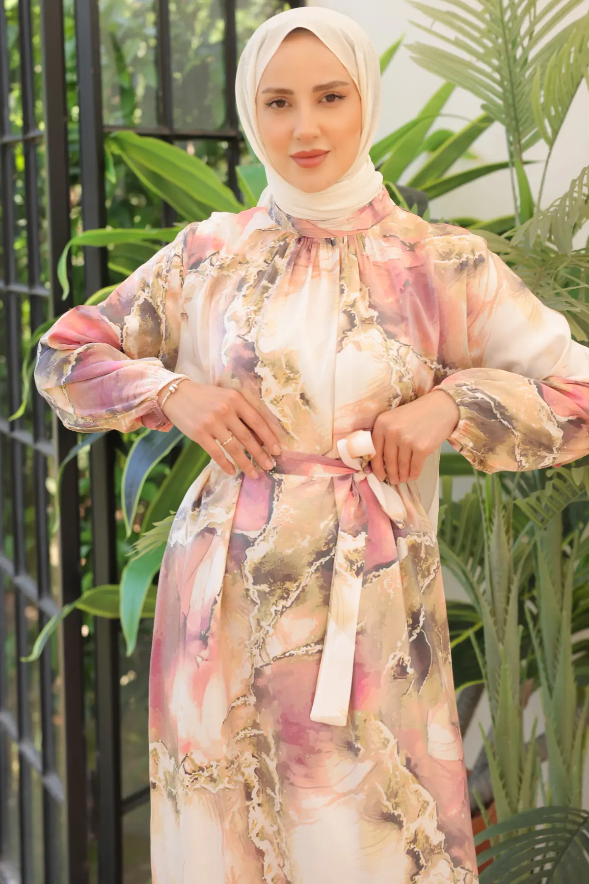 3991 Saten Tesettür Elbise Gül Kurusu-detail