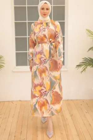 3992 Saten Tesettür Elbise Hardal
