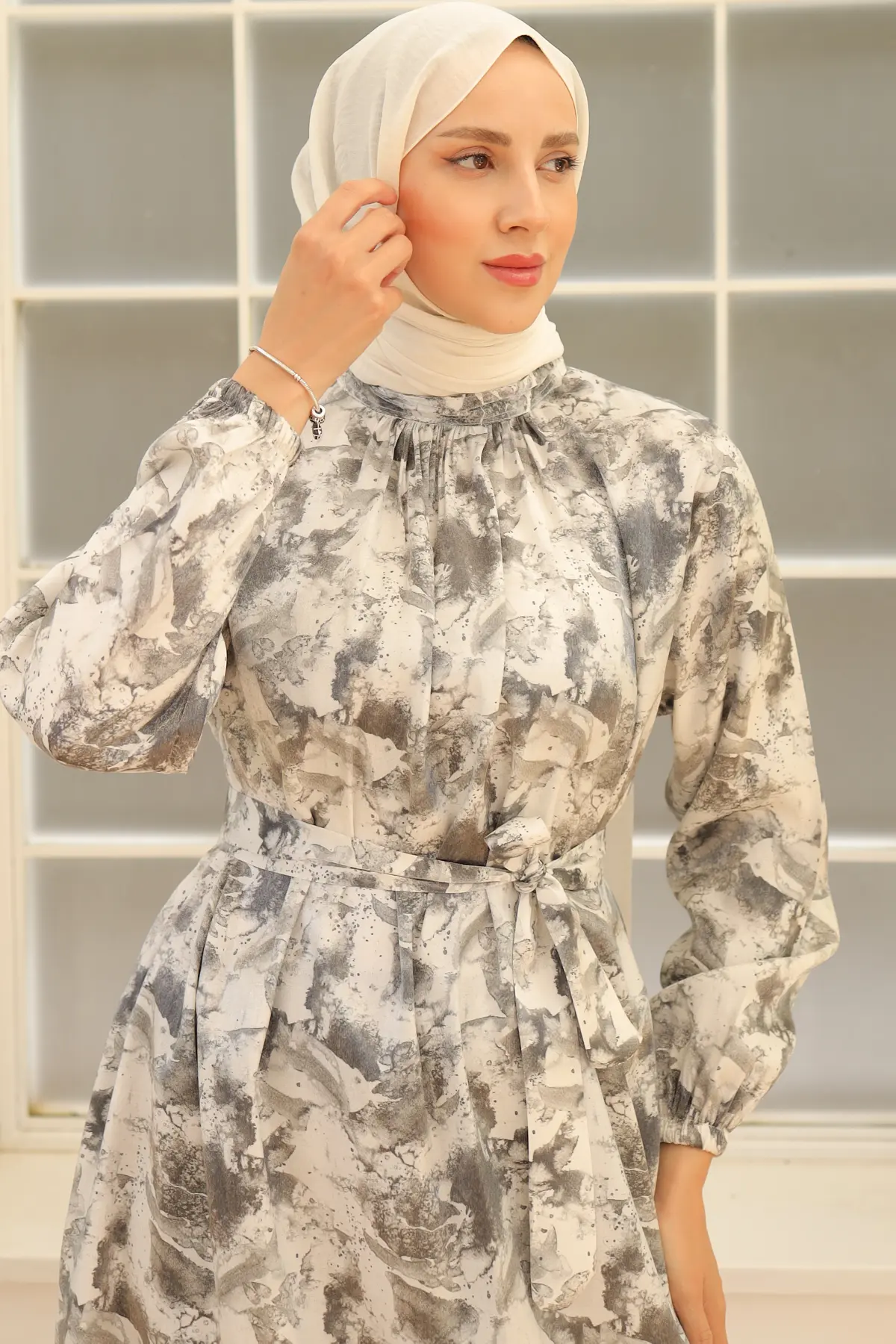 3993 Desenli Elbise Gri-detail