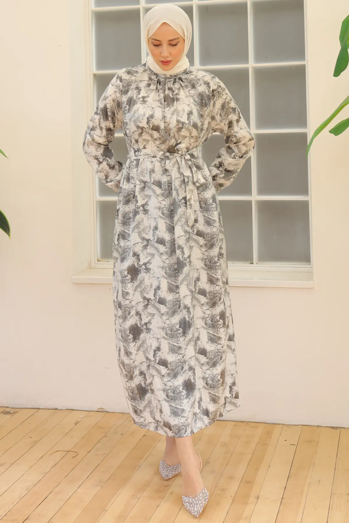 3993 Desenli Elbise Gri-detail