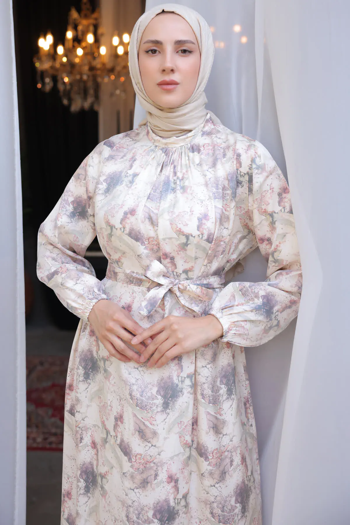 3993 Desenli Elbise Taş Rengi-detail