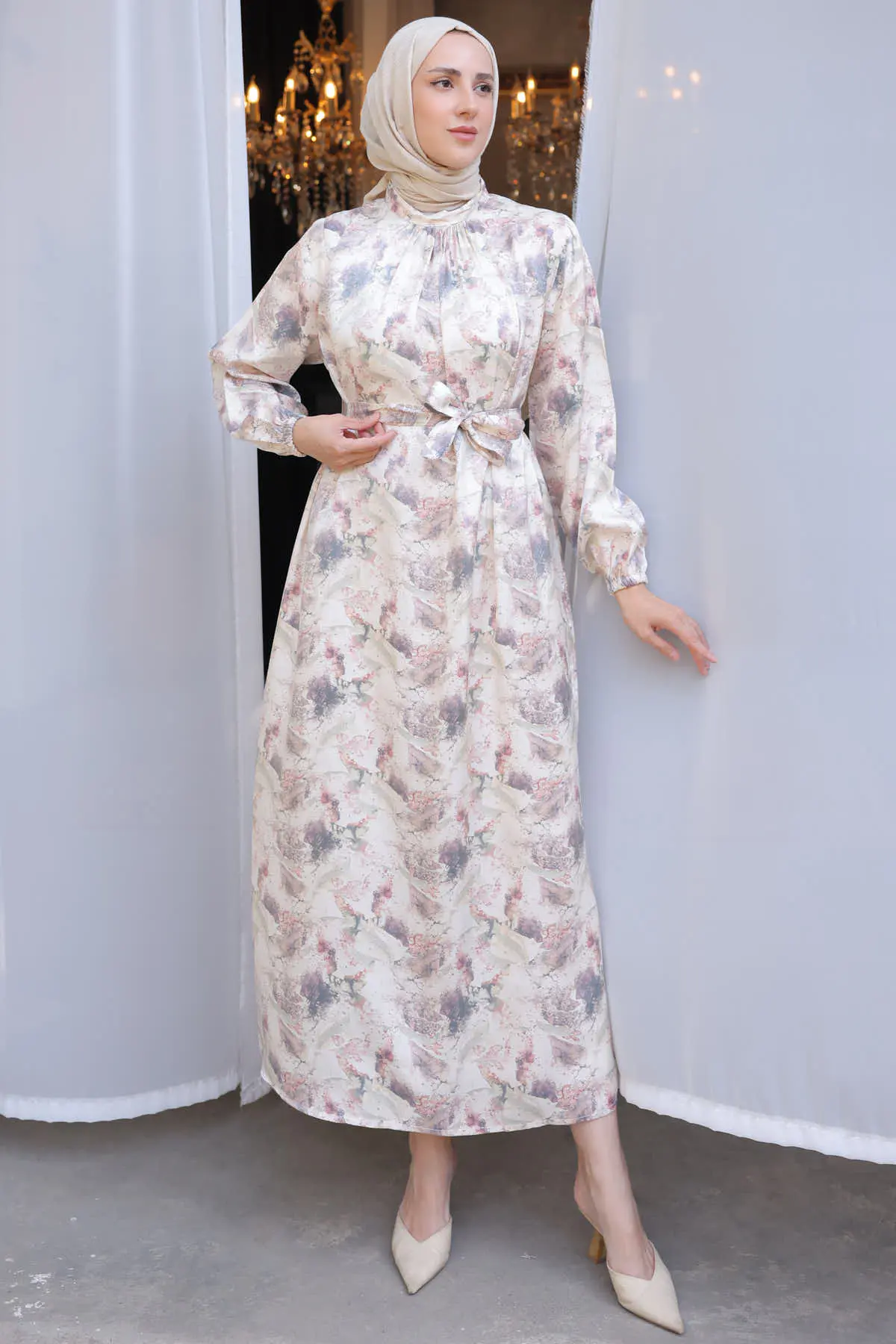 3993 Desenli Elbise Taş Rengi-detail