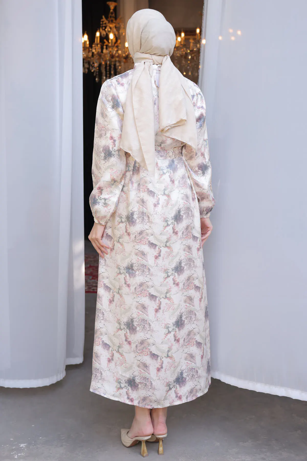 3993 Desenli Elbise Taş Rengi-detail