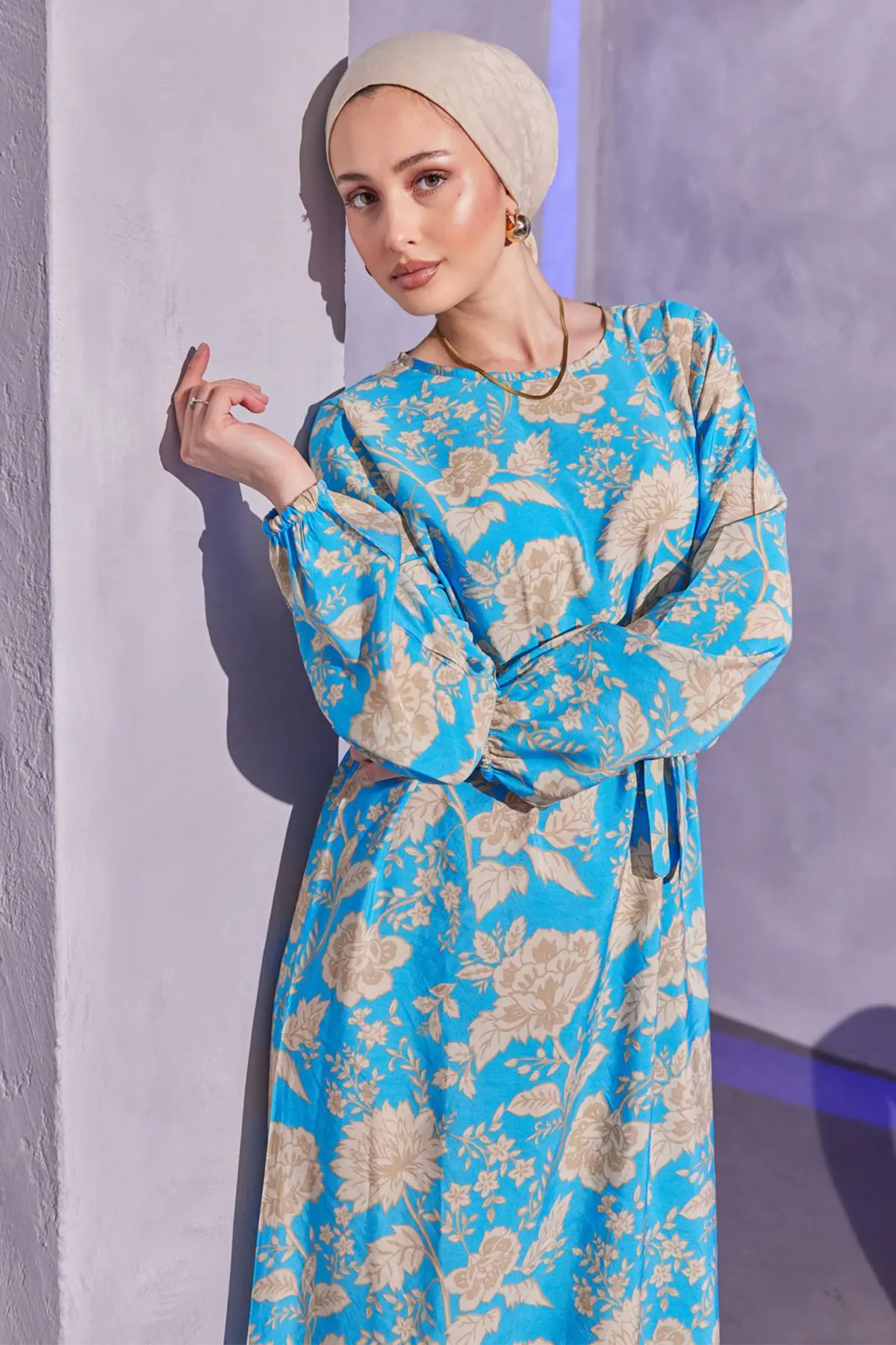 3997 Floral Patterned Hijab Dress Blue-detail