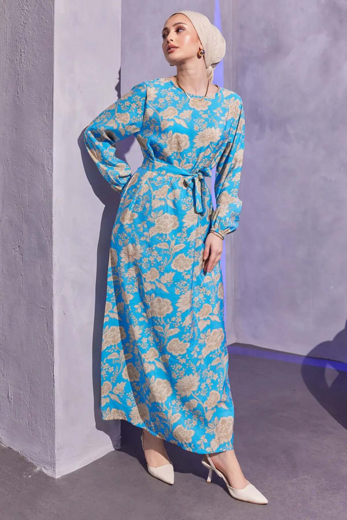 3997 Floral Patterned Hijab Dress Blue-detail