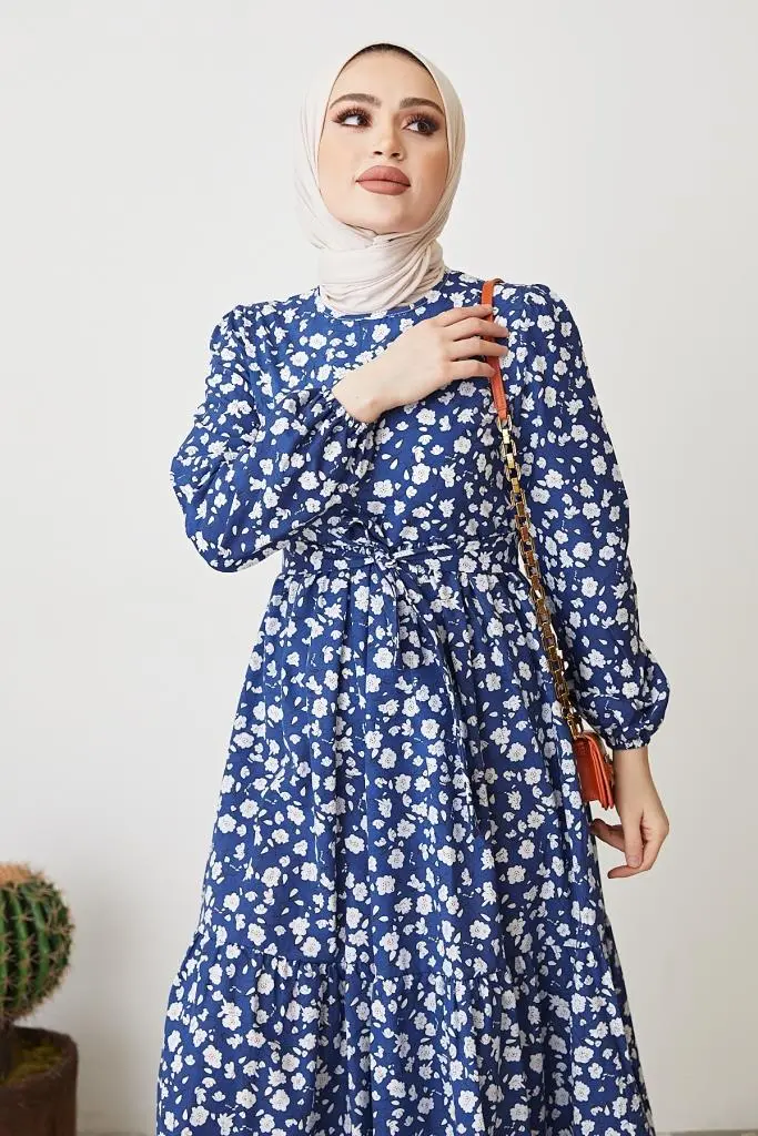 400 Papatya Desen Elbise İndigo-detail