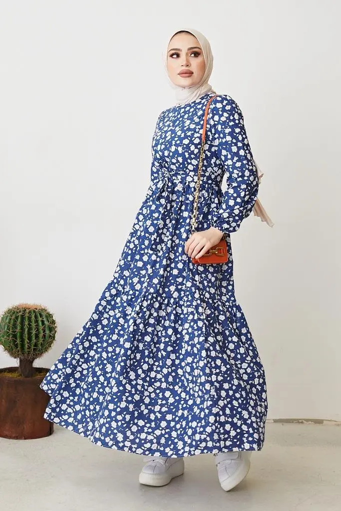 400 Papatya Desen Elbise İndigo-detail