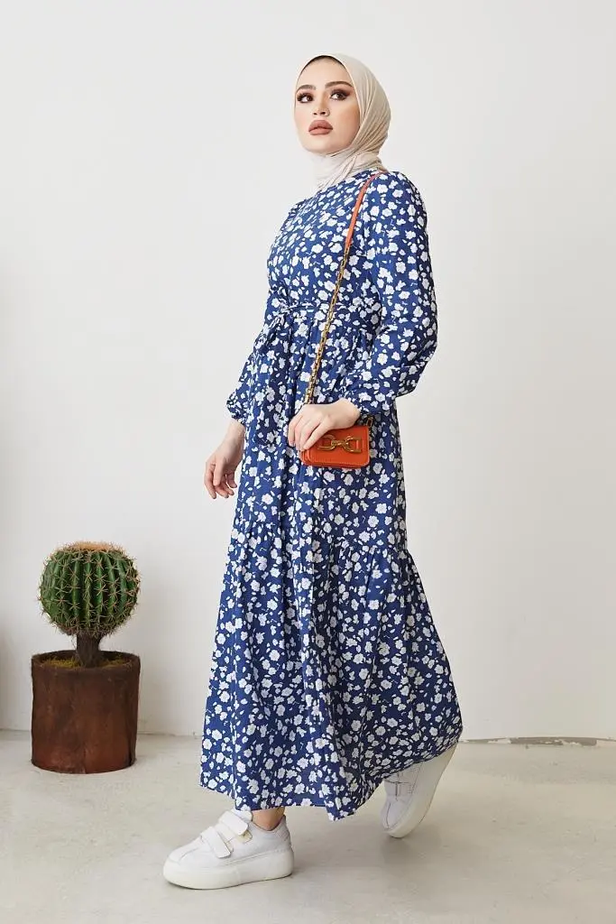 400 Papatya Desen Elbise İndigo-detail