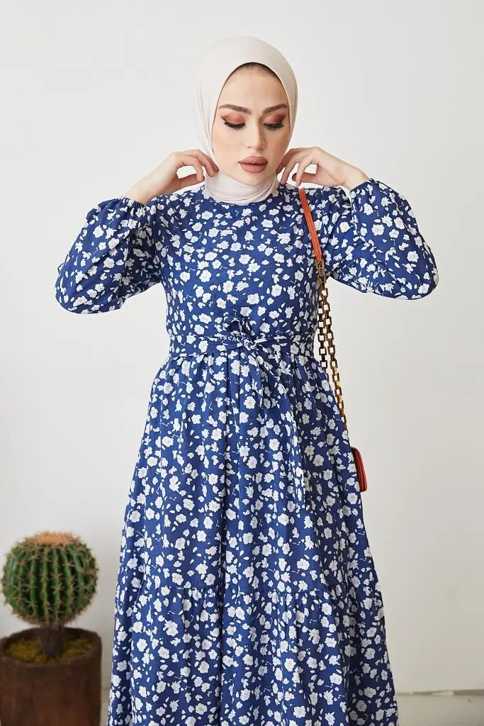 400 Papatya Desen Elbise İndigo-detail