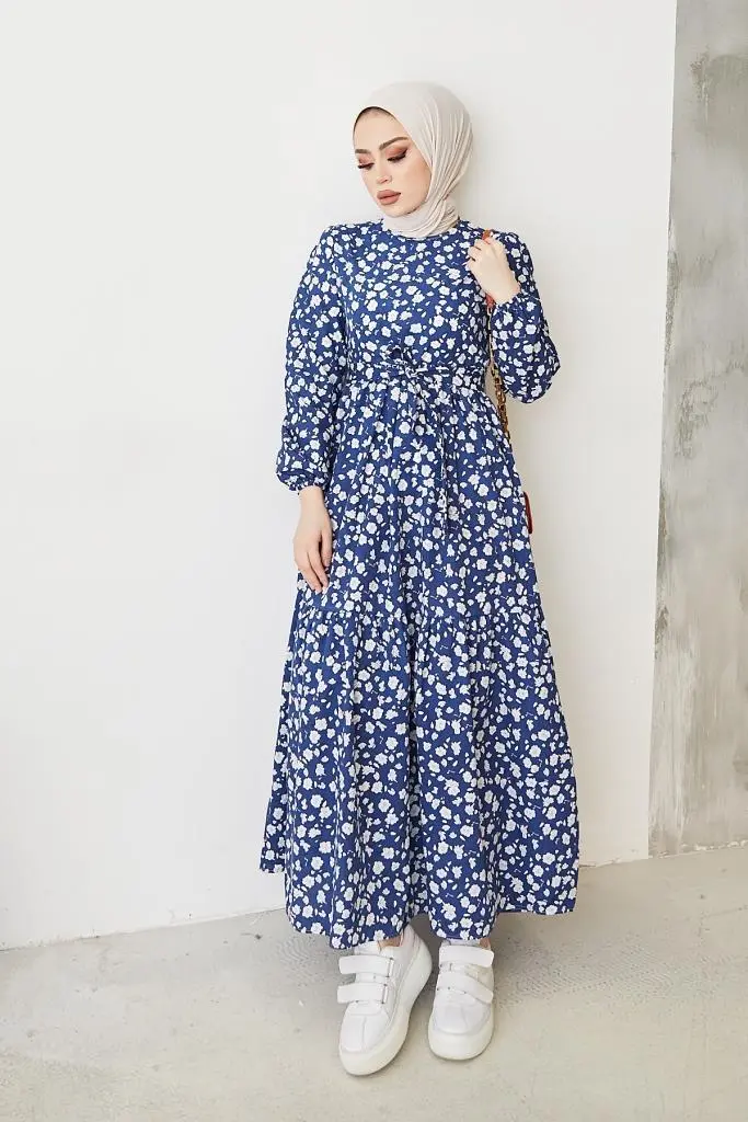400 Papatya Desen Elbise İndigo-detail