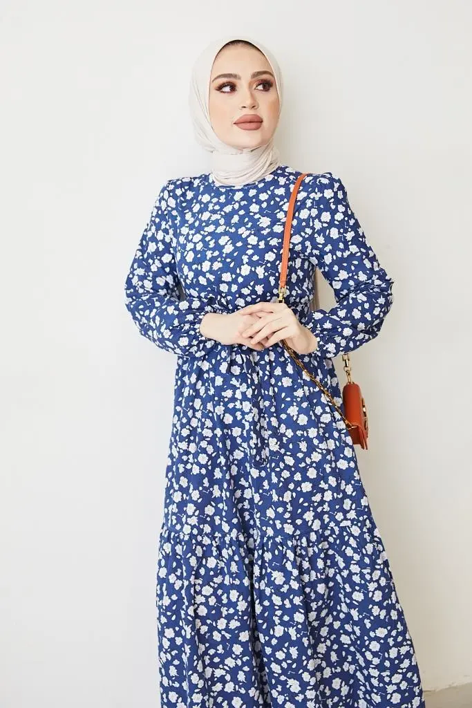 400 Papatya Desen Elbise İndigo-detail