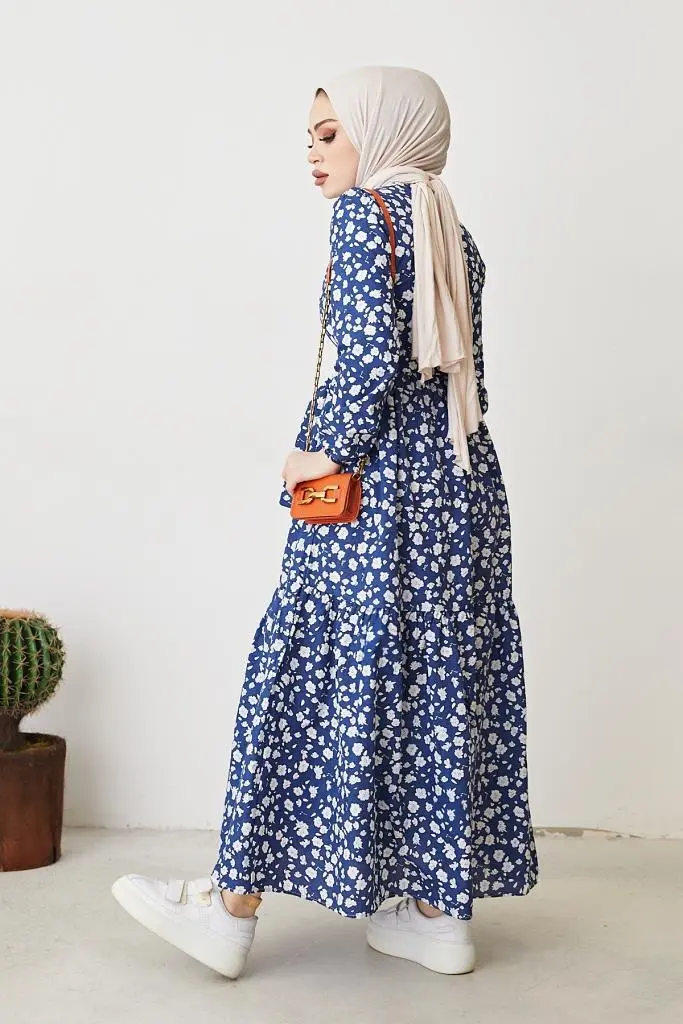 400 Papatya Desen Elbise İndigo-detail