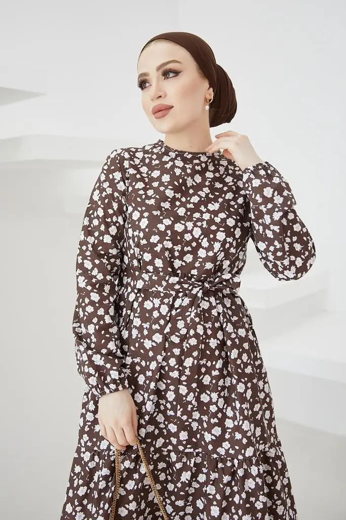 400 Papatya Desen Elbise Kahve-detail